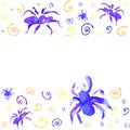Watercolor circle frame or background of purple and blue spiders to Halloween for cards and posters