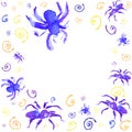 Watercolor circle frame or background of violet and blue spiders to Halloween for cards and posters