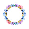 Watercolor circle frame of bouquets of heartsease of different colors on a white background, isolated for card invitations,