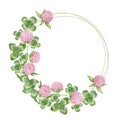 Watercolor circle frame with clover flowers. Floral wreath with pink wildflowers and leaves. Illustration of clover elements Royalty Free Stock Photo