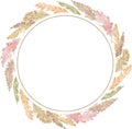 Watercolor circle frame with colorful pampas grass. Tropical template. Blush pink and beige colors.