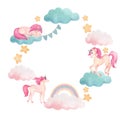 Watercolor circle frame or wreath with illustration of a cute unicorns on clouds with rainbow, stars, flags in pink and turquoise Royalty Free Stock Photo