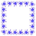 Watercolor illustration of blue purple spider to Halloween. Square frame or composition of objects