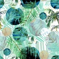 Watercolor circle and pieces of palm leaves. geometric and tropical background Royalty Free Stock Photo