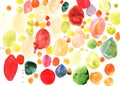 Watercolor abstract circles background, multicolored artistic dots on paper. Crafty painted abstract dots