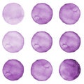 Watercolor circles collection purple, lavender colors. Stains set isolated on white background. Design elements