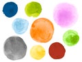 Watercolor Circles Set. Art Graphic Dot Drawing. Hand Paint Template with Blot on Paper. Brush Watercolor Round