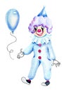 Watercolor circus clown and blue air balloon