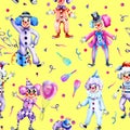 Watercolor circus clowns and confetti seamless pattern Royalty Free Stock Photo