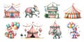 Watercolor circus decorative icons set with elephant clown and circus tent isolated vector. Royalty Free Stock Photo