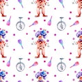 Watercolor circus juggling clowns and monocycles seamless pattern