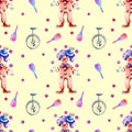 Watercolor circus juggling clowns and monocycles seamless pattern Royalty Free Stock Photo