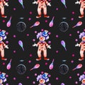 Watercolor circus juggling clowns and monocycles seamless pattern