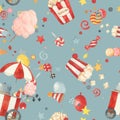 Watercolor circus seamless pattern. Hand drawn texture with air balloons, balls, popcorn, ice cream on blue. Carnival Royalty Free Stock Photo