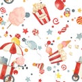 Watercolor circus seamless pattern. Hand drawn texture with air balloons, balls, popcorn, ice cream. Carnival wallpaper Royalty Free Stock Photo