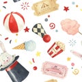 Watercolor circus seamless pattern. Hand drawn texture with ball, cotton candy, bunny, ice cream, popcorn, tickets and Royalty Free Stock Photo