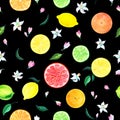 Watercolor citrus pattern blooming orange, lime, grapefruit, lemon twig with flowers, floral seamless pattern, botanical natural Royalty Free Stock Photo