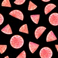 Watercolor citrus pattern grapefruit, floral seamless pattern, botanical natural illustration on black background. Hand