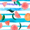 Watercolor citrus pattern grapefruit, floral seamless pattern, botanical natural illustration on turquoise violet stripe