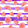 Watercolor citrus pattern grapefruit, floral seamless pattern, botanical natural illustration on ultra violet stripe