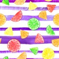 Watercolor citrus pattern with grapefruit, lime, orange, lemon slice on striped background. Citrus seamless pattern