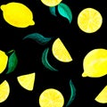 Watercolor citrus pattern lemon, seamless pattern with branch, botanical natural illustration on black background. Hand Royalty Free Stock Photo