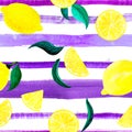 Watercolor citrus pattern lemon, seamless pattern with branch, botanical natural illustration on white background, ultra Royalty Free Stock Photo