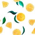 Watercolor citrus pattern orange, seamless pattern with branch, botanical natural illustration on white background. Hand Royalty Free Stock Photo