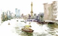 Watercolor city canal with boat illustration vector