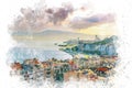 Watercolor city of Izmir (Smyrna), Turkey. Aegean sea. Panoramic view from the City Asansor