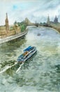 Watercolor city landscape with boat at water channel