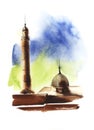 Watercolor city landscape of Great Mosque of Mardin in white blurry frame. Hand drawn summer illustration of Turkish historic