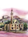 Watercolor city landscape of Halfeti. Beautiful ancient mosque with high minaret and green hills on background against pink sunset
