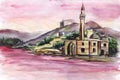 Watercolor city landscape of Halfeti. Beautiful summer view of mountain range and half-sunken city with high minaret of mosque on
