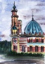 Watercolor city landscape of Vladikavkaz. Summer view of Mukhtarov mosque. Beautiful historic building with pointed arch, blue