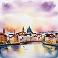 Watercolor of city skyline at by AI