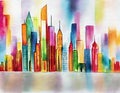 Watercolor of City skyline as seen from the floor