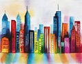 Watercolor of City skyline as seen from the floor