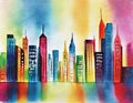 Watercolor of City skyline as seen from the floor