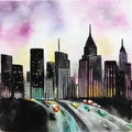 Watercolor of city skyline at night Royalty Free Stock Photo
