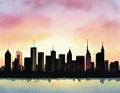 Watercolor of City skyline at sunset Royalty Free Stock Photo