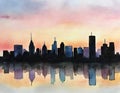 Watercolor of City skyline at sunset Royalty Free Stock Photo
