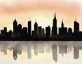 Watercolor of City skyline at sunset Royalty Free Stock Photo