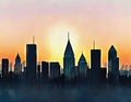 Watercolor of City skyline at sunset Royalty Free Stock Photo