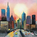 Watercolor of City Skyline Sunset Royalty Free Stock Photo