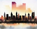 Watercolor of City skyline at sunset Royalty Free Stock Photo