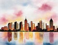 Watercolor of a city skyline at sunset Royalty Free Stock Photo