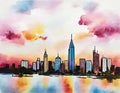Watercolor of a city skyline at sunset Royalty Free Stock Photo