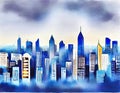 Watercolor of City skyline view landscape with twilight blue light flat