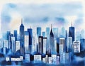 Watercolor of City skyline view landscape with twilight blue light flat